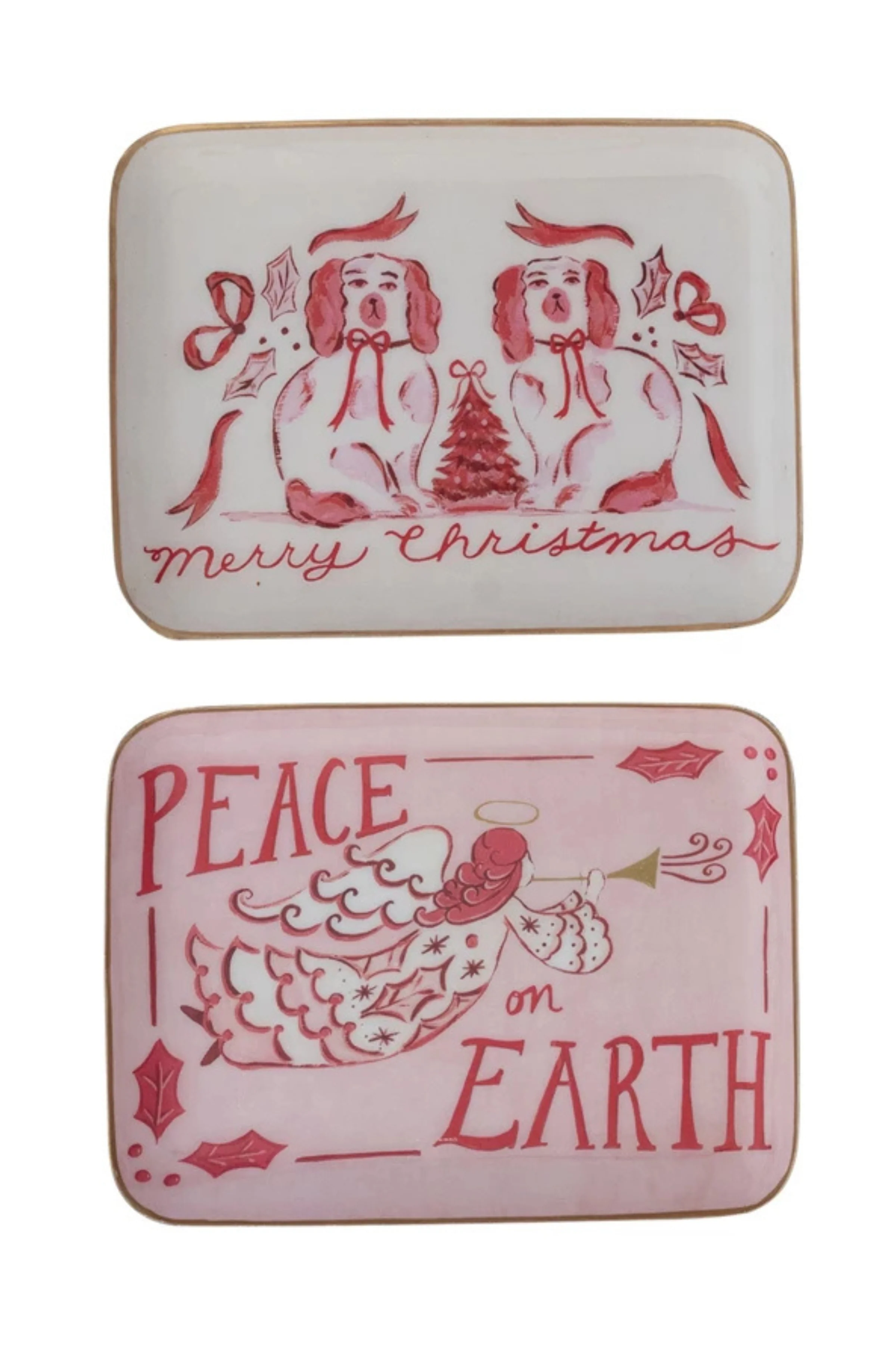 Enameled Metal Tray with Holiday Saying, Image & Gold Edge, 2 Styles ©