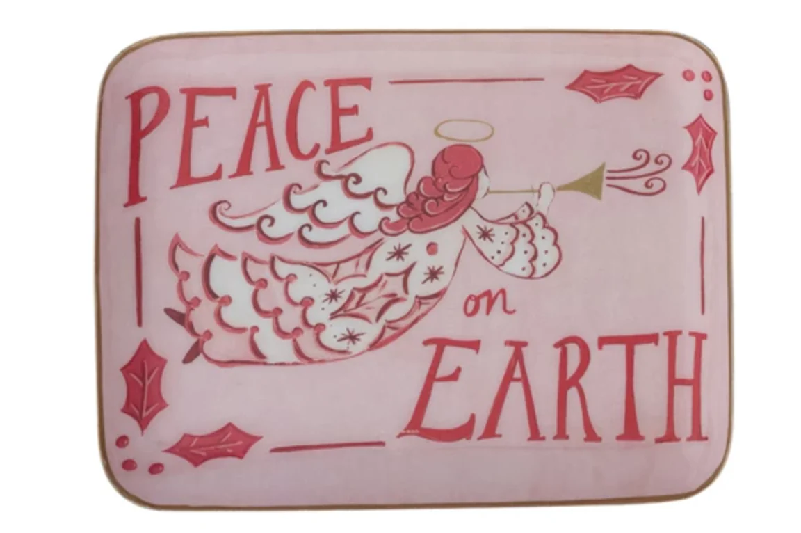 Enameled Metal Tray with Holiday Saying, Image & Gold Edge, 2 Styles © - Image 2