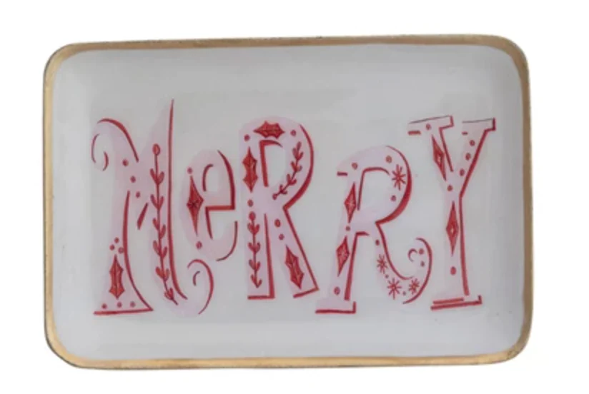 Enameled Metal Tray with Holiday Saying, Image & Gold Edge, 3 Styles © - Image 3