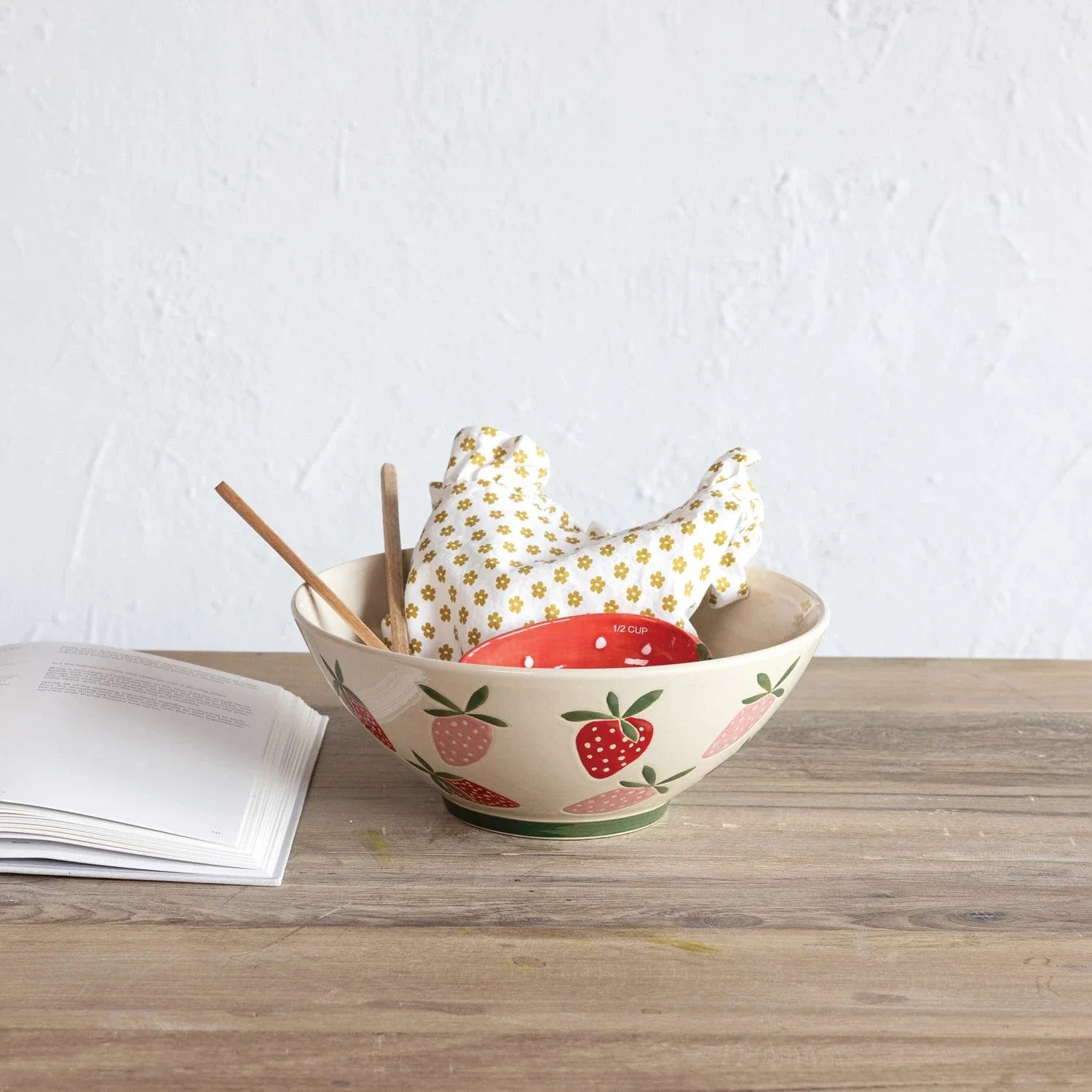 Hand-Painted Stoneware Bowl w/ Wax Relief Strawberries - Image 2