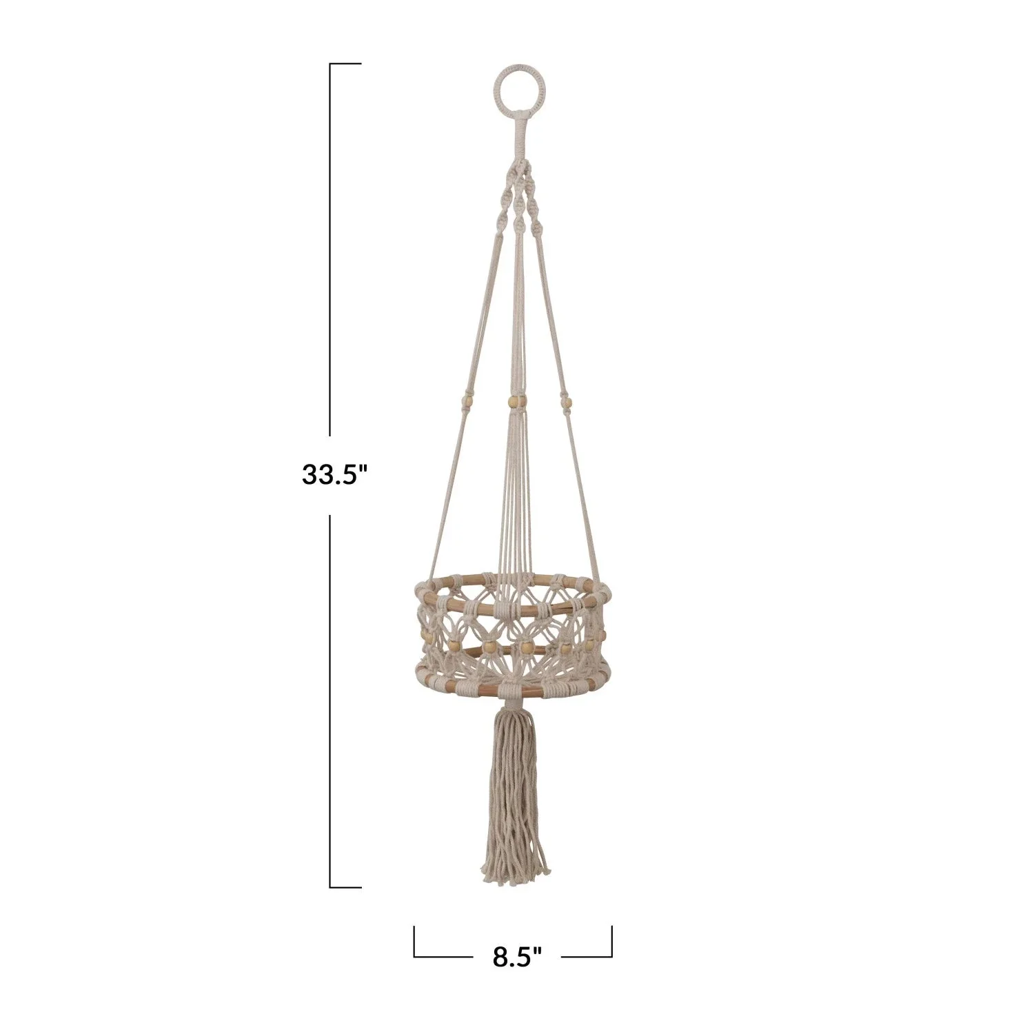 Hand-Woven Cotton Macrame & Rattan Plant Hanger With Wood Beads - Image 3