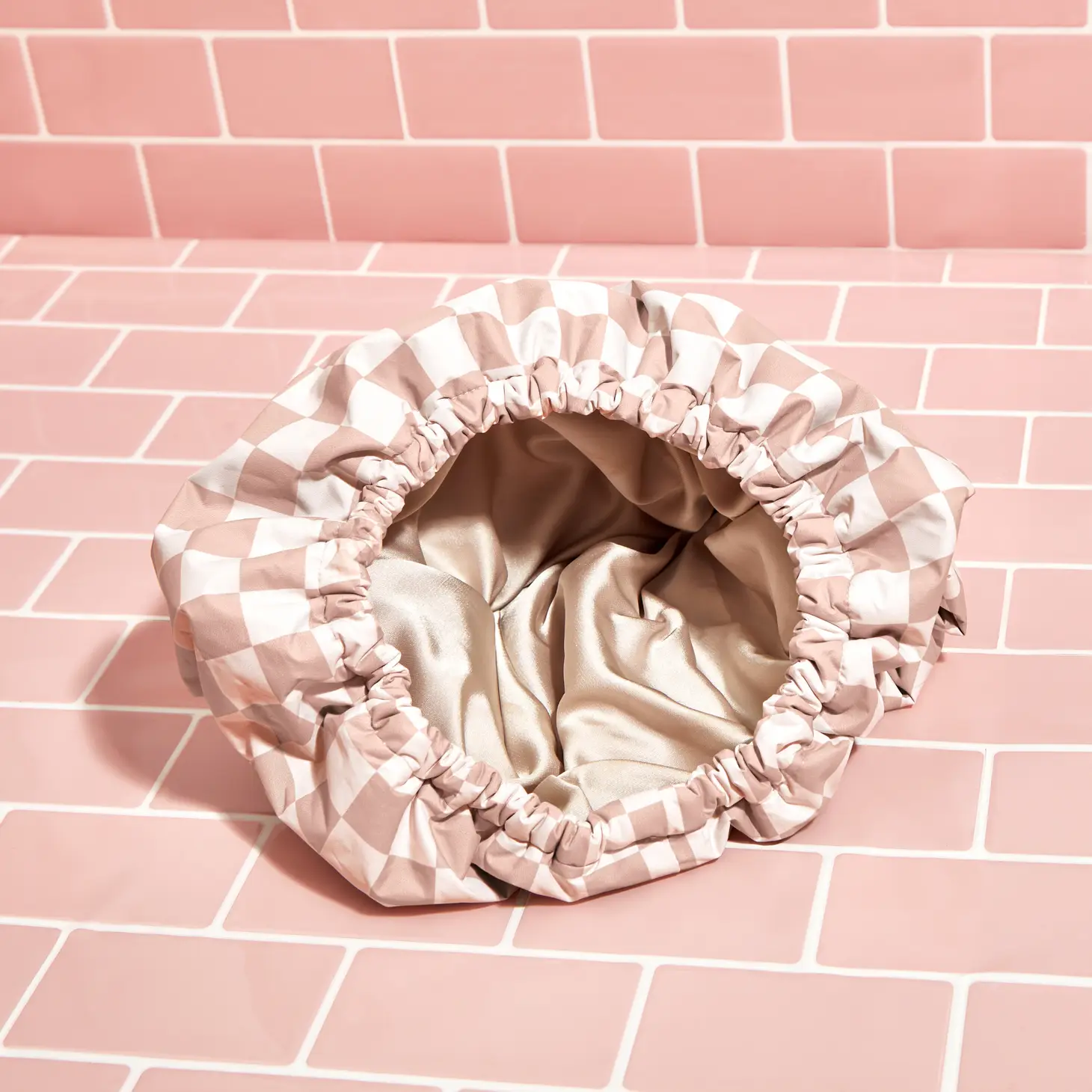 KITSCH - Satin Lined Flexi Shower Cap - Terracotta Checker - Image 5