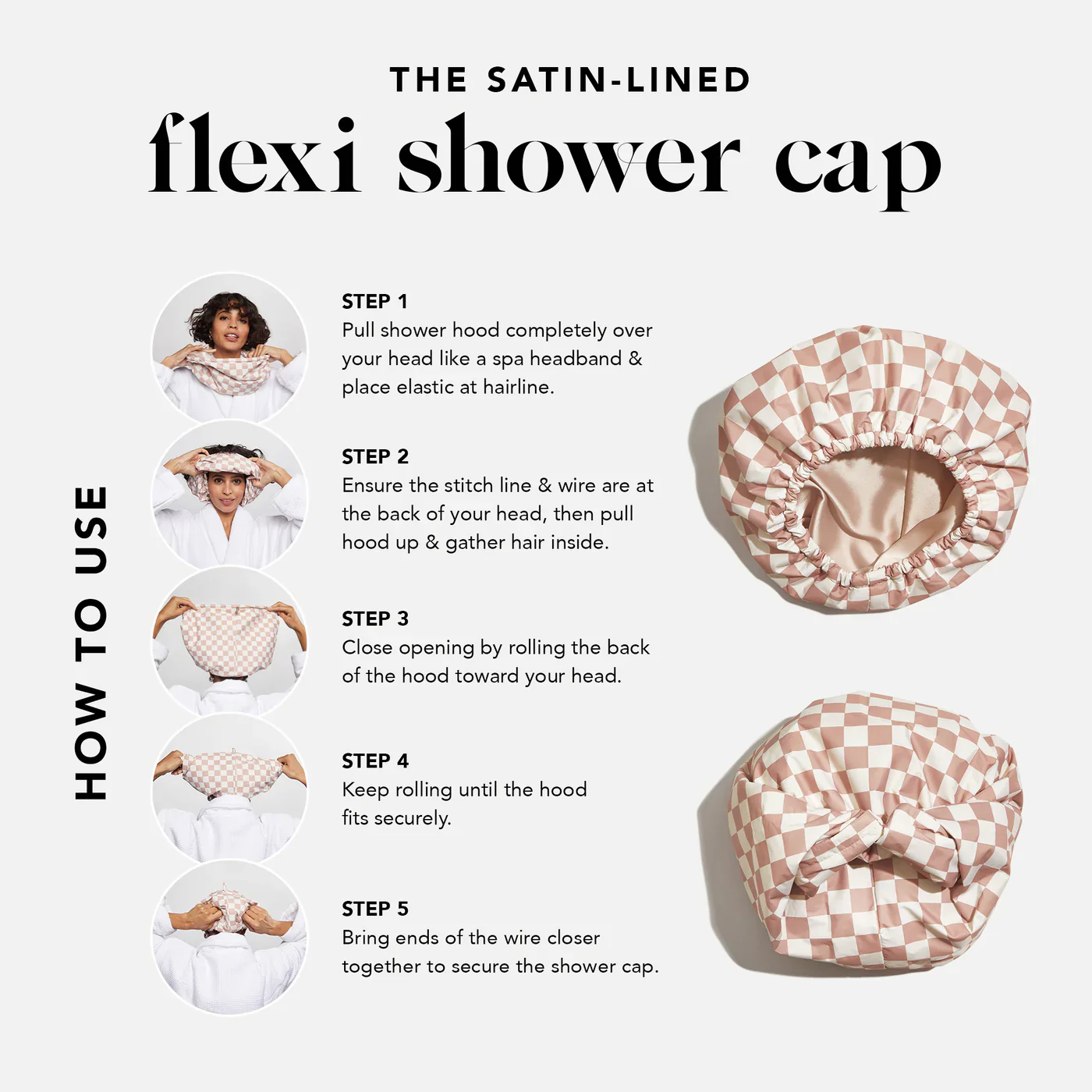 KITSCH - Satin Lined Flexi Shower Cap - Terracotta Checker - Image 6