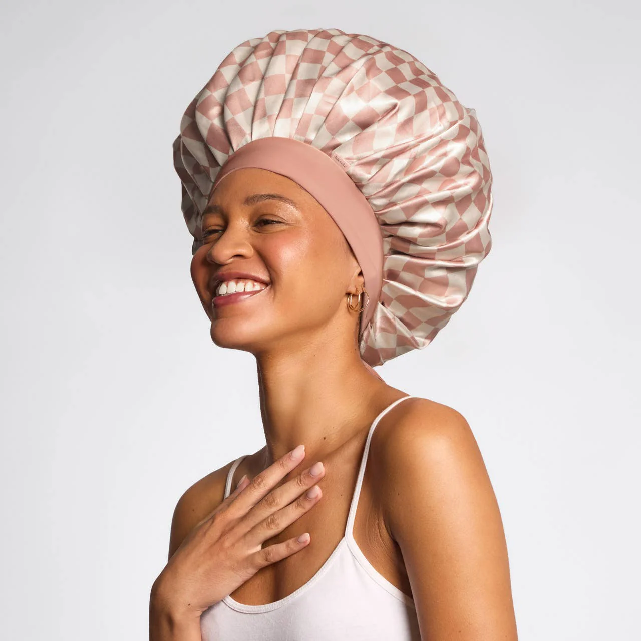 KITSCH - Oversized Satin Bonnet - Terracotta Checker - Image 2