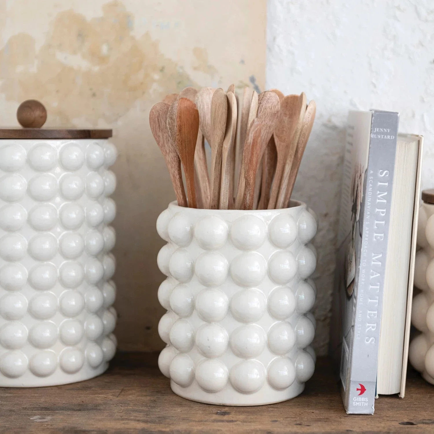 Stoneware Canister W/ Raised Dots & Acacia Wood Lid - Image 2